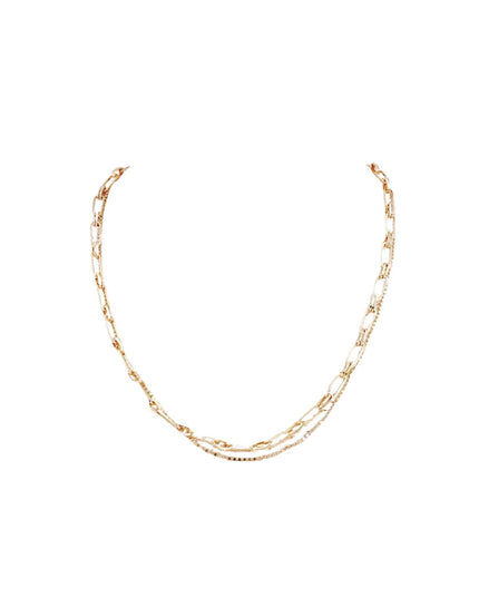 A delicate layered necklace featuring a gold chain with alternating elongated oval links and fine beaded strands, displayed against a solid white background.
