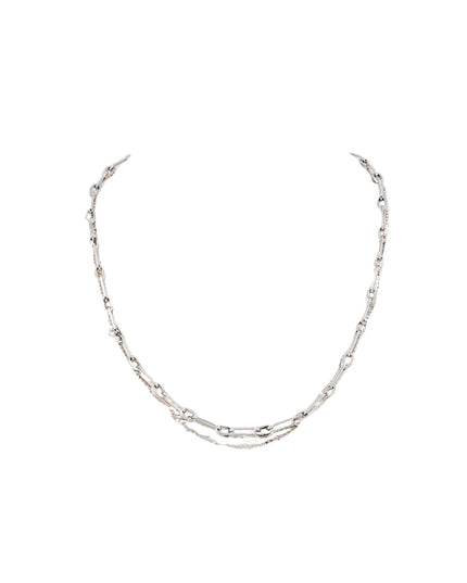 A silver-toned multi-strand chain necklace with alternating smooth and textured links, displayed against a solid white background.
