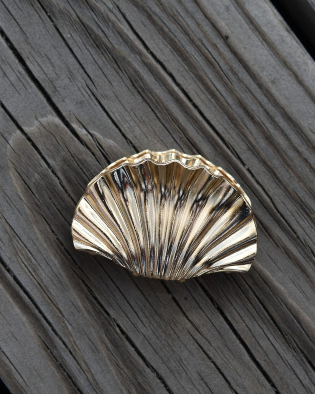 A small metallic shell-shaped object with a ribbed, scalloped edge, photographed on a dark weathered wood surface.