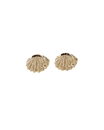 A pair of gold-toned shell-shaped stud earrings with a textured, ribbed design, shown on a plain white background.