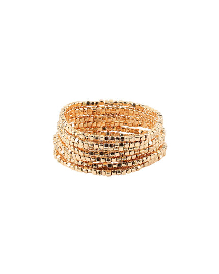 A stack of five rose gold beaded wrap bracelets on a solid white background.