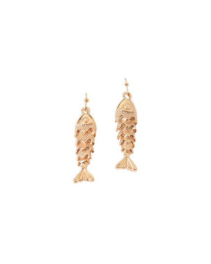 A pair of gold fish-shaped dangling earrings with detailed scale textures, shown against a plain white background.