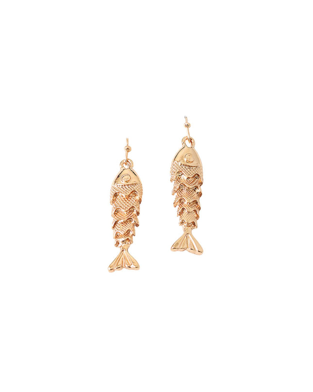 A pair of gold fish-shaped dangling earrings with detailed scale textures, shown against a plain white background.