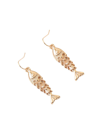 A pair of gold fish-shaped dangle earrings with detailed scale patterns, shown on a plain white background.