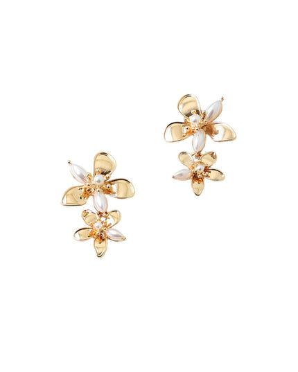 A pair of gold flower-shaped stud earrings with clear rhinestone centers, displayed on a solid white background.