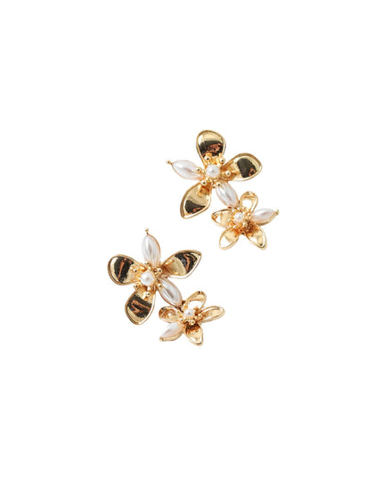 Three gold flower-shaped stud earrings with clear rhinestone petals, arranged on a plain white background.