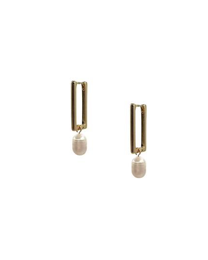 Metal Rectangle Hoop Pearl Charm Earrings