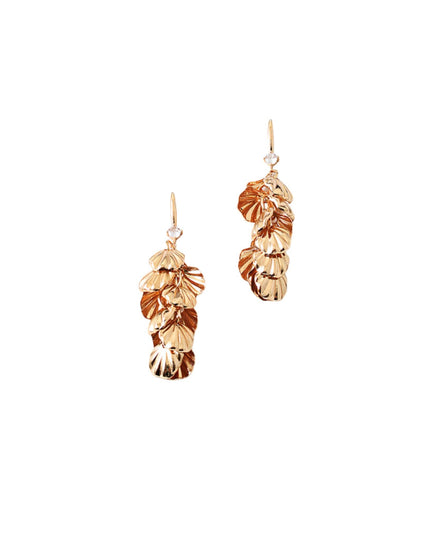 A pair of rose gold drop earrings with a textured, layered leaf or feather-like design, shown on a plain white background.