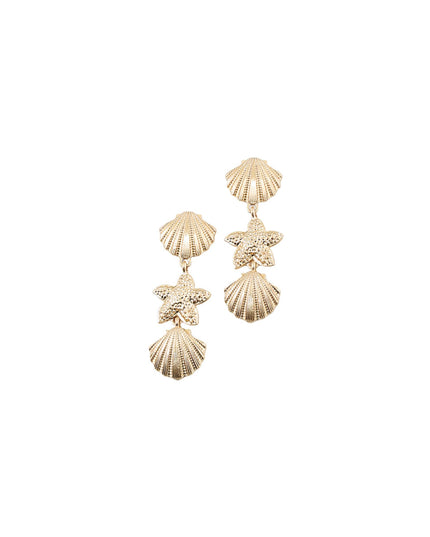 A pair of gold-toned dangle earrings featuring textured shell and starfish motifs, displayed against a solid white background.