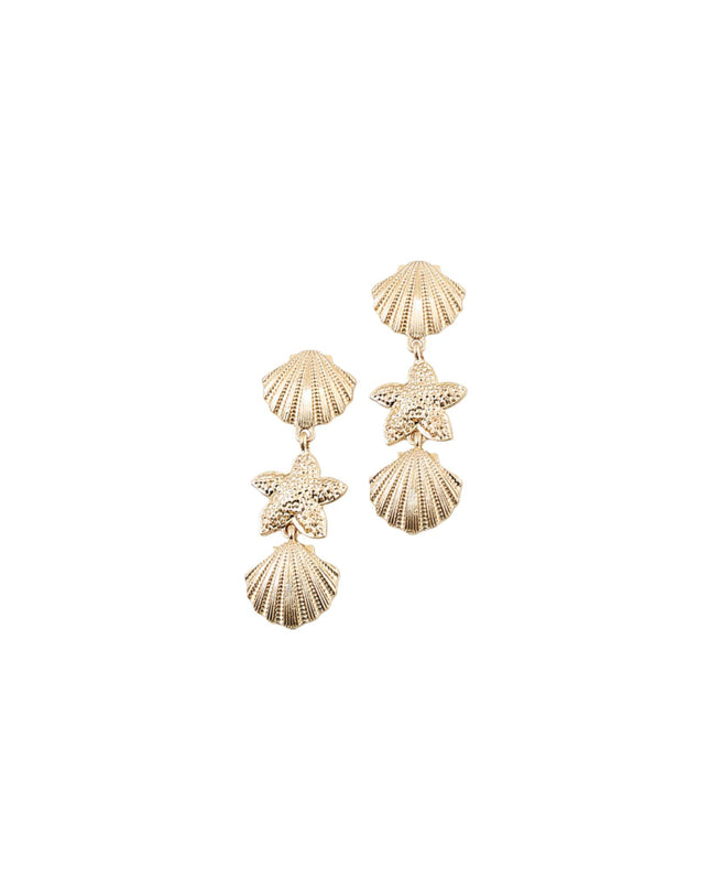A pair of gold-toned dangle earrings featuring textured shell and starfish motifs, displayed against a solid white background.