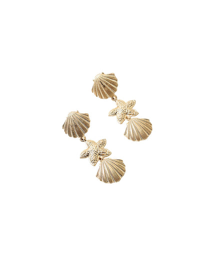 A pair of gold-toned dangle earrings featuring textured starfish and shell motifs, displayed on a clean white background.