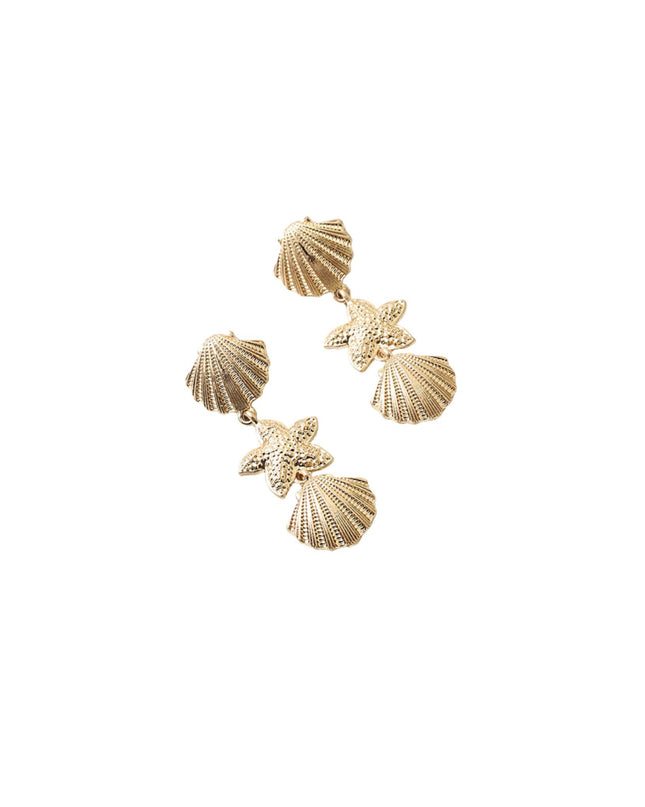 A pair of gold-toned dangle earrings featuring textured starfish and shell motifs, displayed on a clean white background.