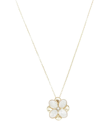 Silver necklace with a round pendant on a white background