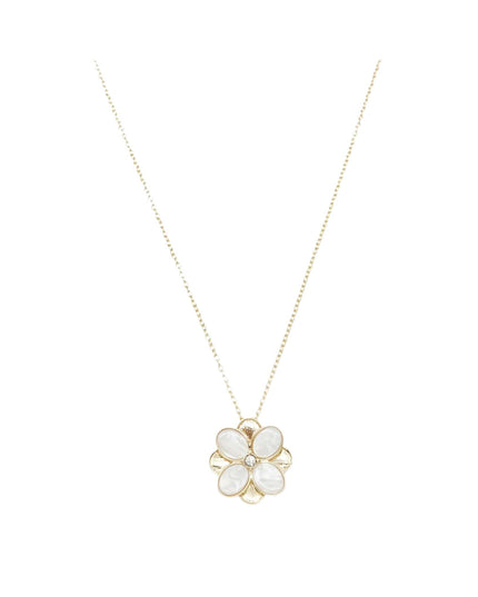 A delicate gold chain necklace featuring a flower-shaped pendant with white iridescent petals and a small clear center stone, shown against a plain white background.