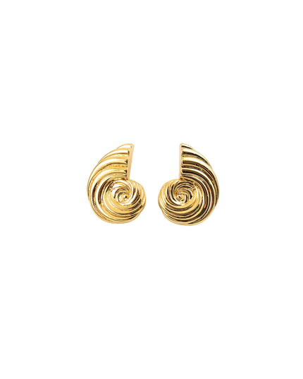 A pair of gold spiral stud earrings with a textured, ridged design, shown on a plain white background.