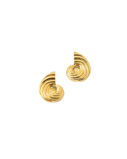 A pair of gold spiral stud earrings with a textured, ridged design, shown on a plain white background.