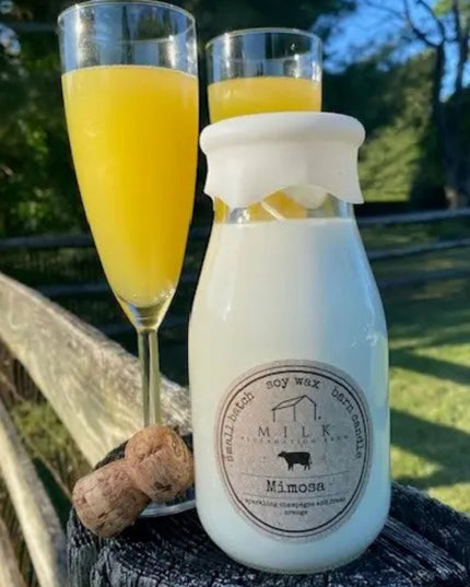Milk bottle labeled 'Mimosa' with two glasses of orange juice outdoors.