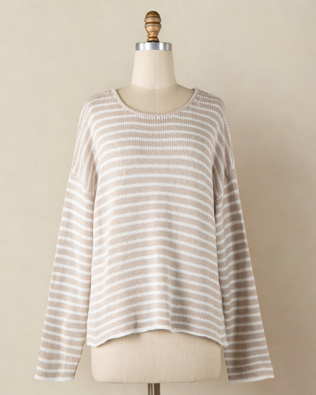 Striped Round Neck Sweater Beige 