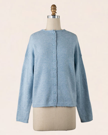 High Collar Button Down Cardigan Sweater Blue