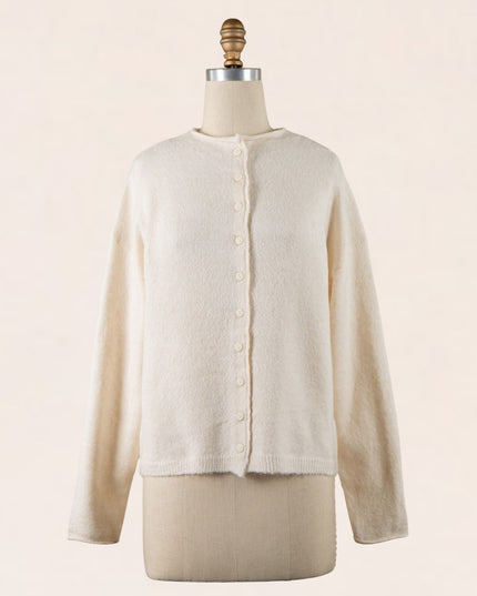 High Collar Button Down Cardigan Sweater Ivory