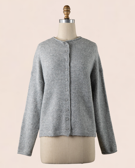 High Collar Button Down Cardigan Sweater Grey