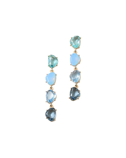 A pair of gold drop earrings featuring five irregular-cut blue gemstones of varying shades, displayed against a solid white background.