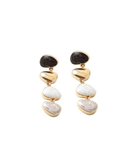 A pair of gold drop earrings featuring a stacked sequence of polished stones: a dark brown top stone, followed by three white and light gray marbled stones, set against a plain white background.