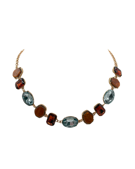 A gold-tone chain necklace featuring a series of oval and rectangular gemstone beads in shades of amber-brown, smoky red, and light blue, displayed on a clean white background.
