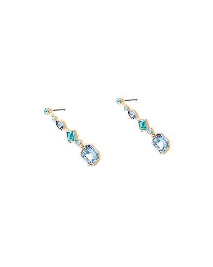 A pair of gold drop earrings featuring light blue and turquoise gemstones, displayed on a clean white background.