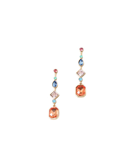 A pair of gold-plated dangle earrings featuring a vertical chain of colorful gemstones, including a large faceted peach-orange stone at the bottom, a blue teardrop stone, a pink diamond-shaped stone, and smaller light blue and green stones, set against a plain white background.