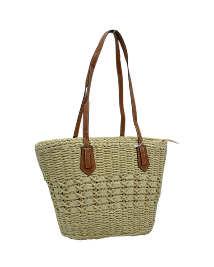 Woven handbag with brown leather straps on a white background