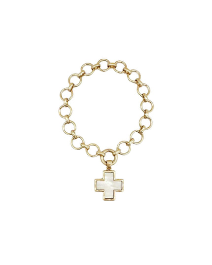 A gold chain bracelet with a small cross pendant featuring a white inlay, displayed on a clean white background.