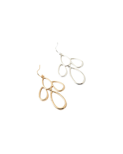 Two minimalist open-loop dangle earrings, one in polished gold and one in polished silver, displayed on a solid white background.