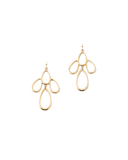 A pair of gold-toned openwork dangle earrings with a teardrop and loop geometric design, shown on a plain white background.