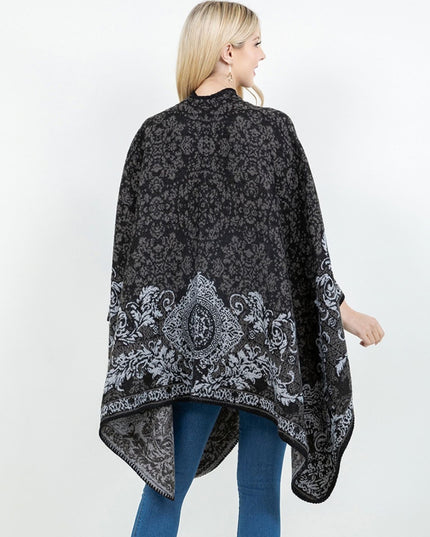 Open Front Baroque Floral Border Print Shawl Wrap Poncho With Loop Grey