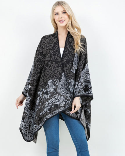Open Front Baroque Floral Border Print Shawl Wrap Poncho With Loop 