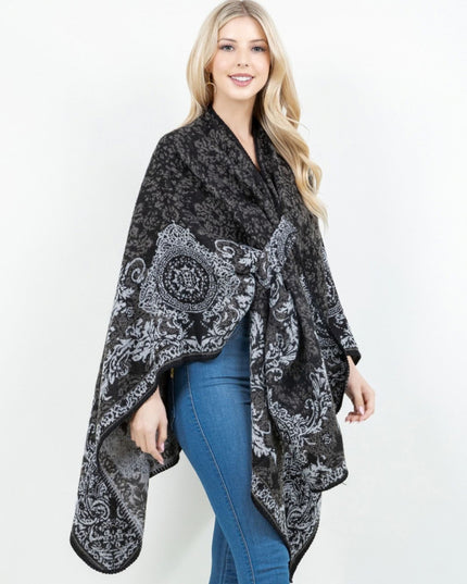 Open Front Baroque Floral Border Print Shawl Wrap Poncho With Loop Grey