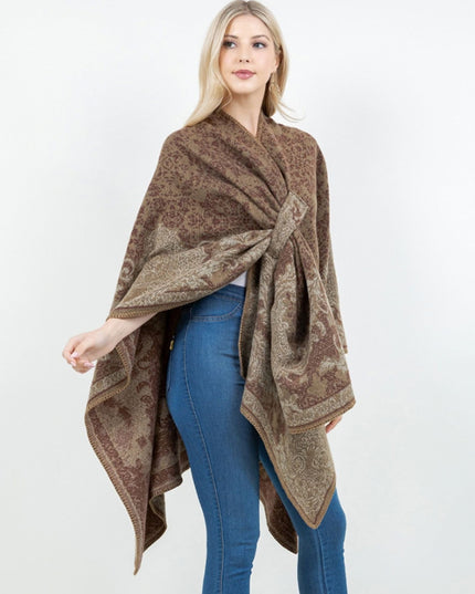 Open Front Baroque Floral Border Print Shawl Wrap Poncho With Loop Chocolate