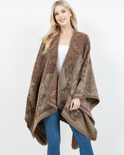 Open Front Baroque Floral Border Print Shawl Wrap Poncho With Loop Brown