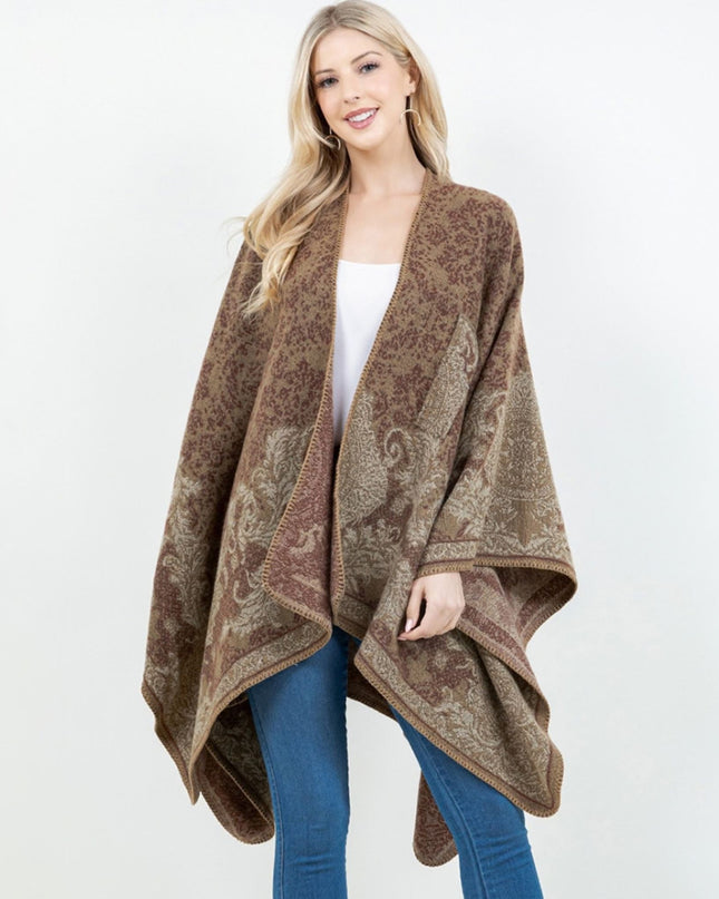 Open Front Baroque Floral Border Print Shawl Wrap Poncho With Loop Brown
