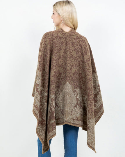 Open Front Baroque Floral Border Print Shawl Wrap Poncho With Loop Beige