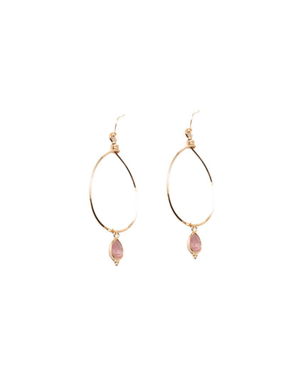 A pair of gold-tone hoop dangle earrings with teardrop-shaped pink gemstones, shown against a plain white background.