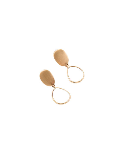 A pair of gold-toned dangle earrings with flat, oval-shaped studs and open teardrop hoops, shown on a plain white background.