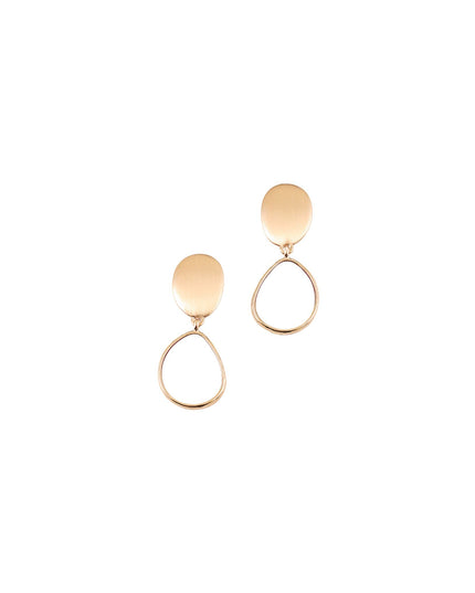 A pair of rose gold drop earrings, each featuring a flat oval disc above a thin teardrop-shaped ring, shown on a plain white background.