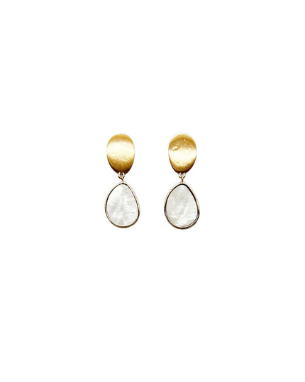A pair of gold drop earrings with oval gold tops and teardrop-shaped white mother-of-pearl pendants, shown against a plain white background.