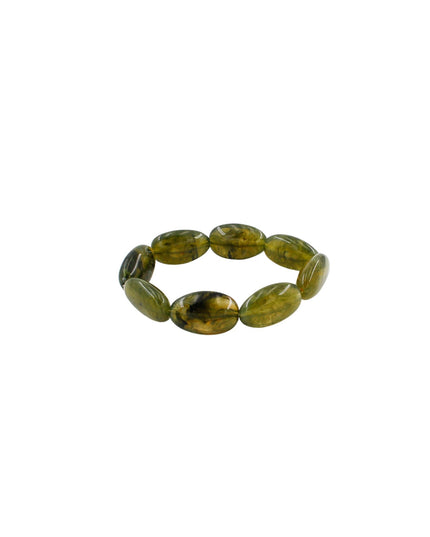 A beaded stretch bracelet made of polished olive green oval beads with natural inclusions, shown on a plain white background.