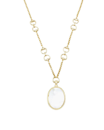 A gold chain necklace featuring a series of small interlocking rings and a large oval white stone pendant, shown against a plain white background.