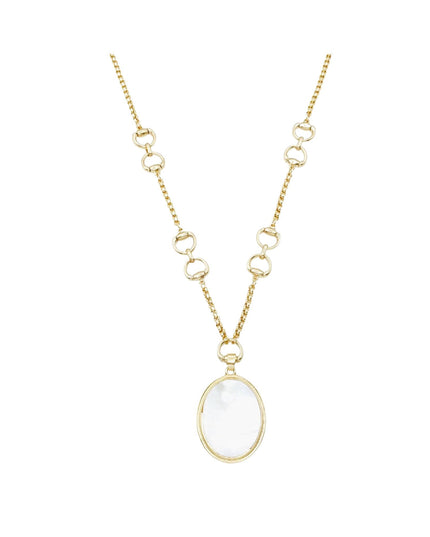 A gold chain necklace featuring a series of small interlocking circular links and a large oval pendant with a milky white center and a gold border, shown against a plain white background.