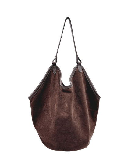 A dark brown suede slouchy shoulder bag with dark brown leather trim and strap, shown against a plain white background.