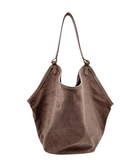 A brown suede slouchy shoulder bag with a single strap, shown against a plain white background.